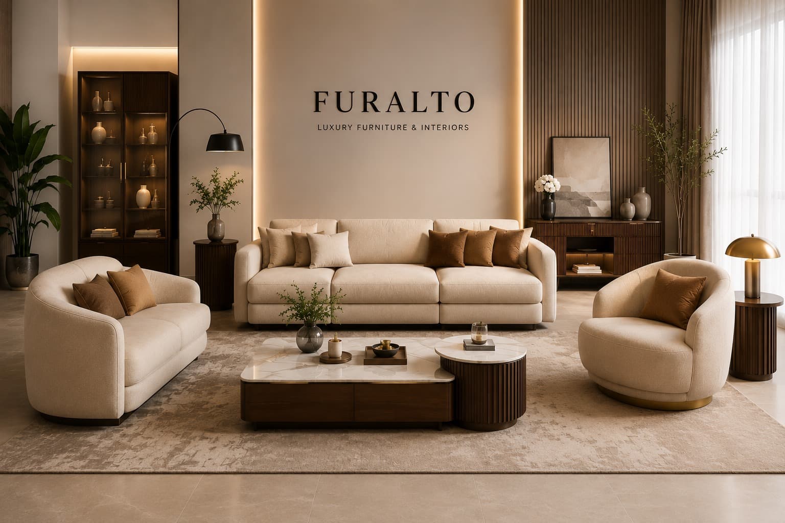 Luxury living room with cream upholstered seating and warm ambient lighting