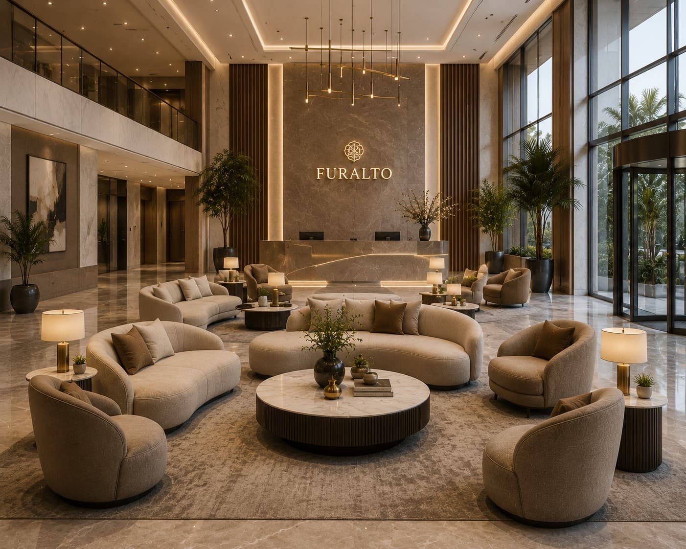 Grand hotel lobby with curved seating