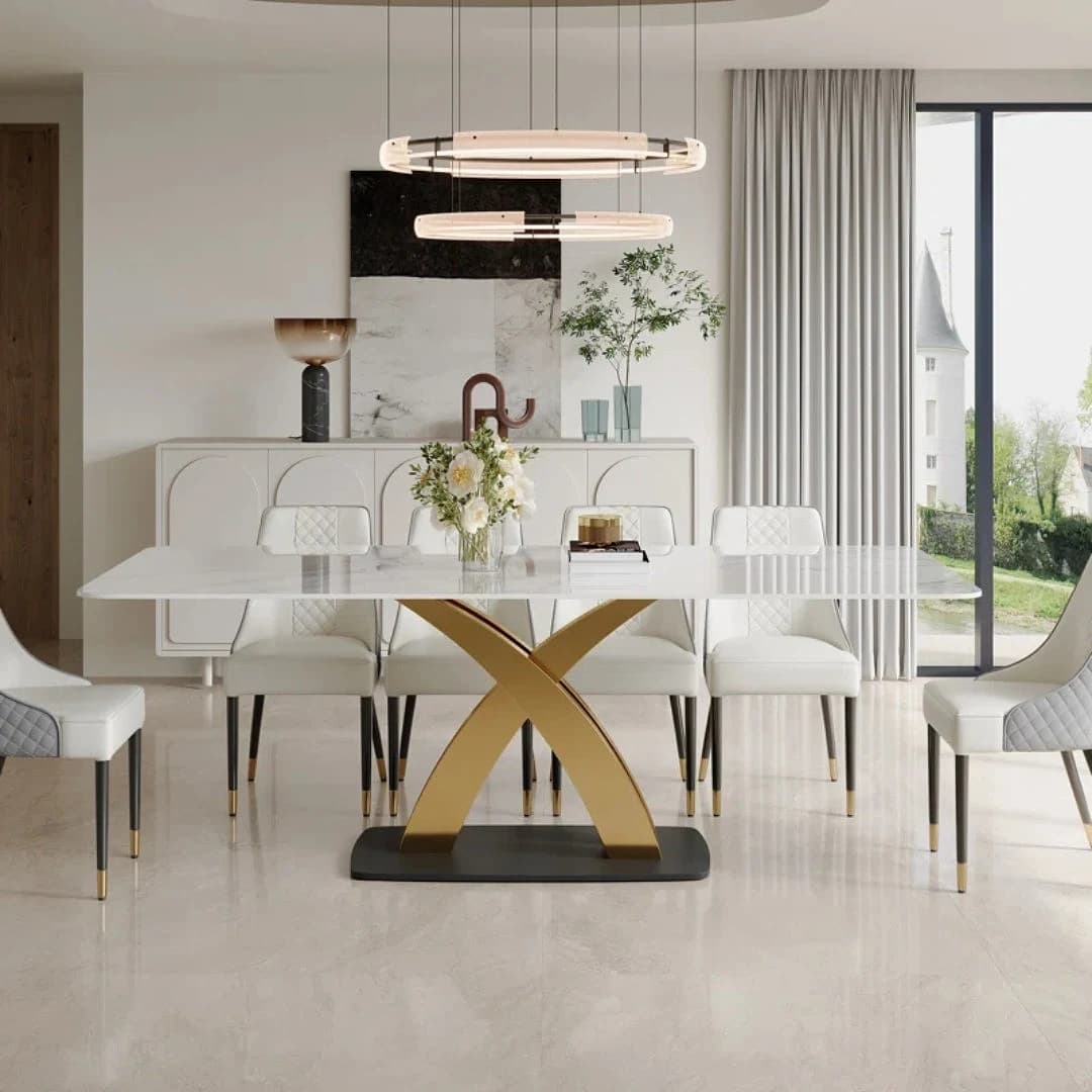 10 Seater White Rectangular Marble Dining Table With X Base — view 1